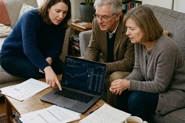 A woman pointing at a laptop showing a cryptocurrency portfolio, going through paperwork with her parents at home