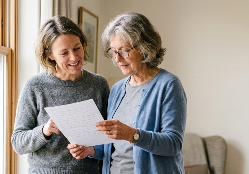 An adult daughter and her elderly mother reading a document together at home