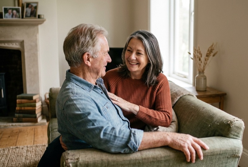An older couple smiling together on the sofa in their living room