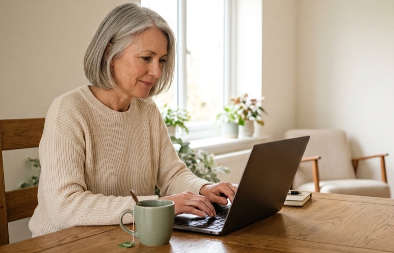 A woman in her fifties planning her affairs on a laptop at home