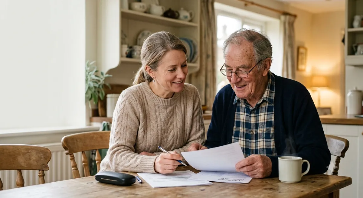 An adult daughter helping her elderly father set up a Lasting Power of Attorney at the kitchen table