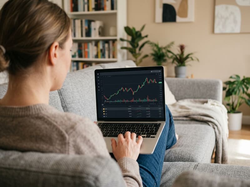 A woman in her thirties reviewing her cryptocurrency holdings on a laptop at home