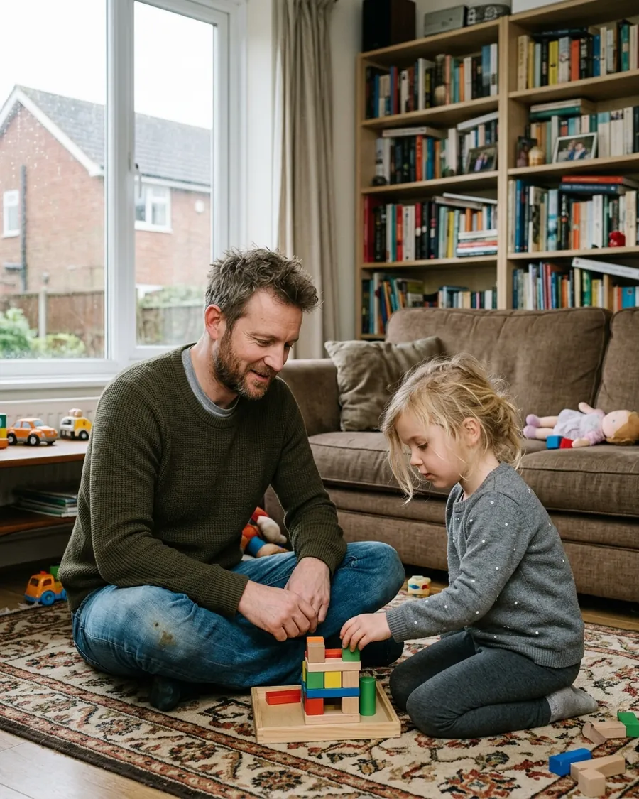 A father and his young daughter playing with wooden building blocks on the living-room floor at home