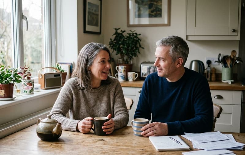 A couple in their fifties talking over a cup of tea at their kitchen table at home