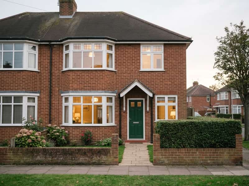 A red-brick British semi-detached house at dusk with warm light in the windows