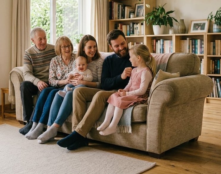 Multi-generational British family together at home — creating a will online with SimpleLPA