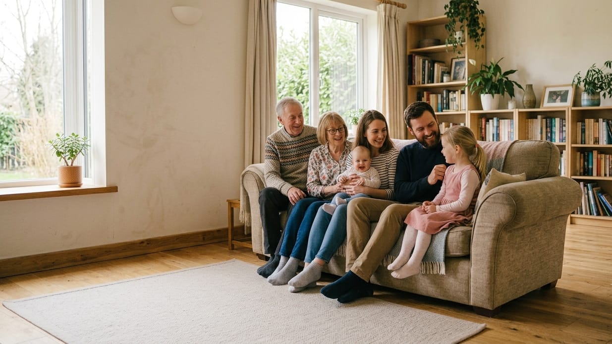 Multi-generational British family together at home — creating a will online with SimpleLPA